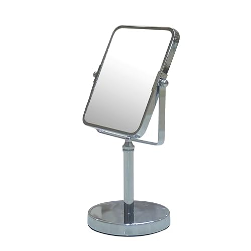 Free Standing Double Sided Tabletop Makeup Metal Vanity Mirror 1X and 3X Magnification, Square, Swivel Mirror for Desk, Bedroom, Bathroom Chrome Finish