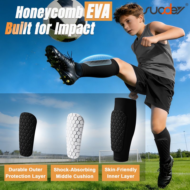 Shin Guards for Soccer – Kids/Youth/Adult Calf Compression Sleeve with Honeycomb Shin Pads, Variation M-Calf:13.8-15.3, Black