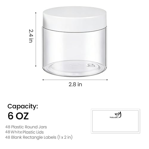 TUZAZO 48 Pack 6 Oz Plastic Jars with White Lids, 6oz Small Plastic Containers with Lids for Cosmetic Makeup Beauty Products, Slime, Sample, Travel, BPA Free | Wide Mouth | Refillable