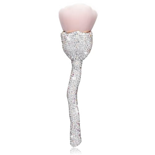 SlowVibes Rhinestone Foundation Brush,Rose Shape Bling Diamond Blush Brush Soft,Large Face Powder Makeup Brushes,Sparkle Cosmetic Nail Dust Brush,Loose Powder Brush,Women Professional Makeup Tools
