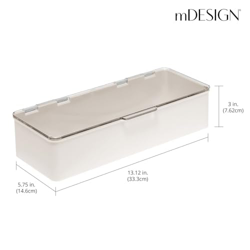 mDesign Long Plastic Cosmetic Storage Organizer Box Containers, Hinged Lid for Bedroom, Bathroom Vanity Shelf or Cabinet, Holds Masks, Palettes, Lotion, Nail Polish, 2 Pack, Cream/Beige/Clear