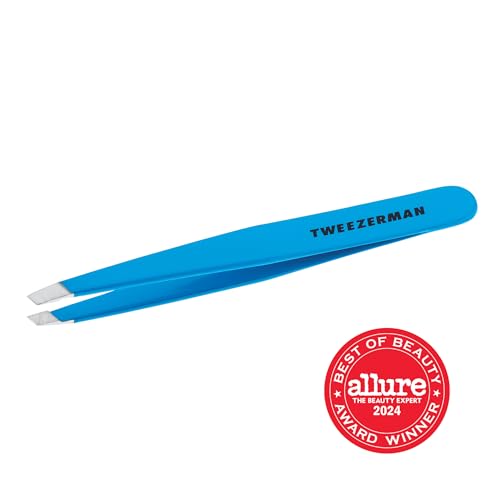 Tweezerman Stainless Steel Slant Tweezer - Eyebrow Tweezers for Women and Men (Blue Jewel)