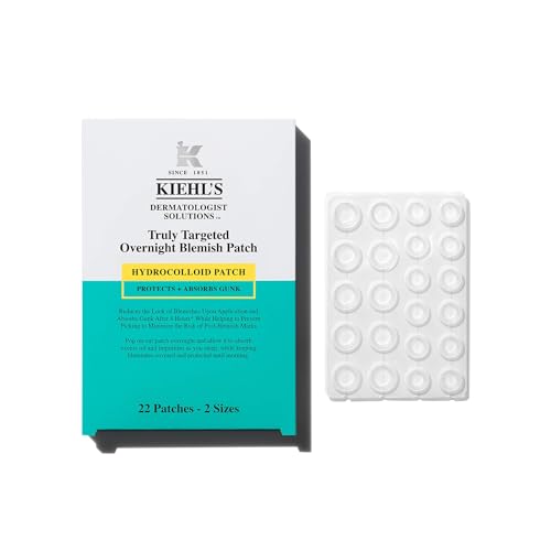 Kiehl's Overnight Pimple Patches - Truly Targeted Invisible Hydrocolloid Blemish Patch, Absorbs Oil and Gunk, Treatment for Whiteheads and Zits, Shrinks Breakouts (22 Count)