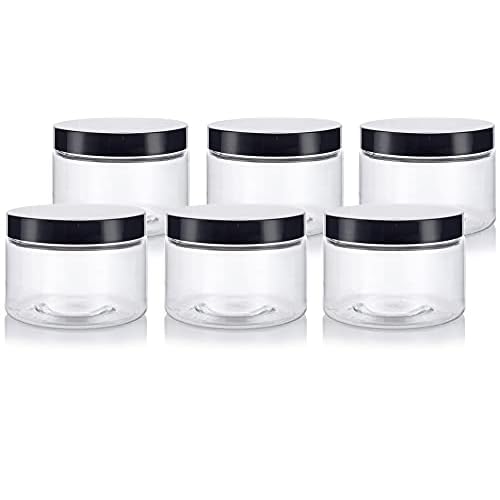 12 oz Clear PET Plastic Refillable Low Profile Jar with Black Smooth Lids (6 pack)