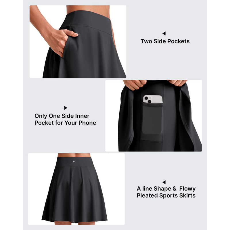 Women’s 20-Inch High-Waisted Tennis Skirt with Built-In Shorts and Pockets