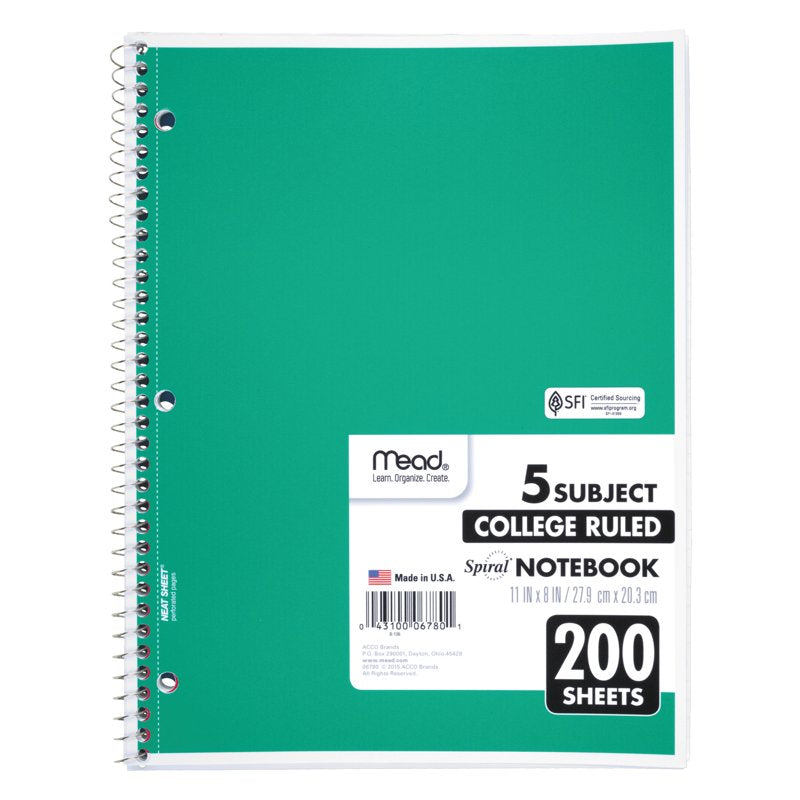5 Subject Spiral Notebook - College Ruled, 200 Sheets, Assorted Colors