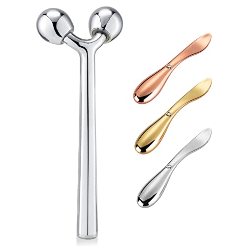 Tekson Faical Roller Massager and 3PCS Eye Roller Cream, 3D Metal Face Massage Tool for Reduce Puffines