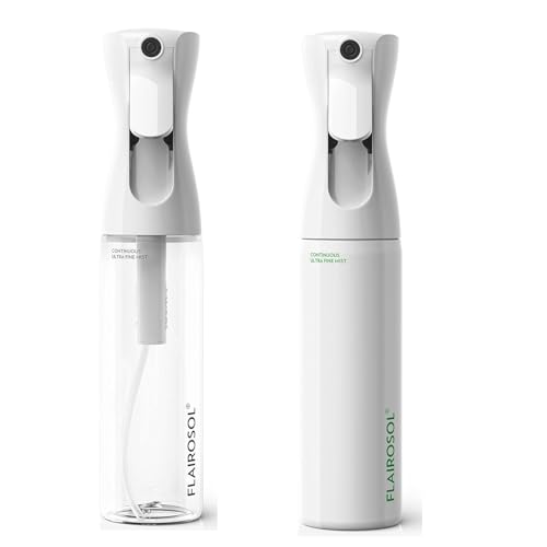 FLAIROSOL - The Original, 2 Pack Spray Bottle for Plants, Hair & More, Continuous Mister, Ultra Fine Water Mist.10 oz, Clear Bottle & White Bottle