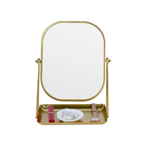 360 Degrees Rotating Metal Makeup Mirror with Storage, Vanity Mirror for Desk, Bathroom, Bedroom, Dressing Table (Gold)