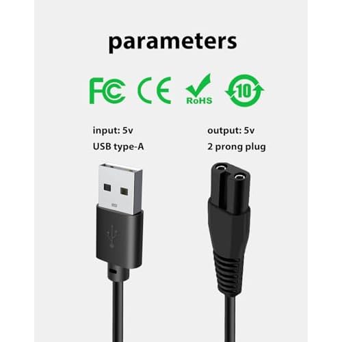 5V USB Charging Cable for Wyklaus Head Shavers OP-002 Models 7D - Compatible and Reliable Power Solution, with 1 Cleaning Brush, 3.3ft Power Cord