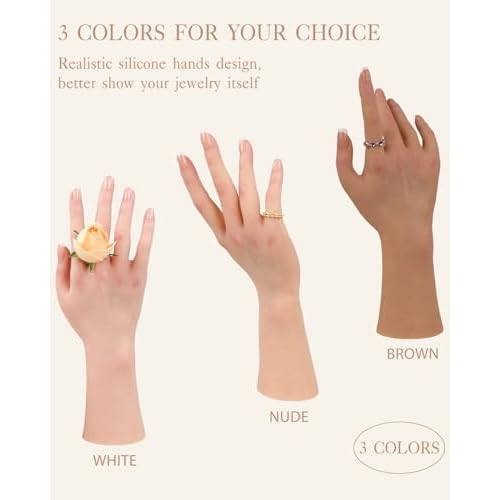 KUMIHO Realistic Silicone Female Hand Model Fake Hand for Jewelry Display Tattoo Training Practice Art Sketch with Nails, Left Hand - with Skeleton, Brown