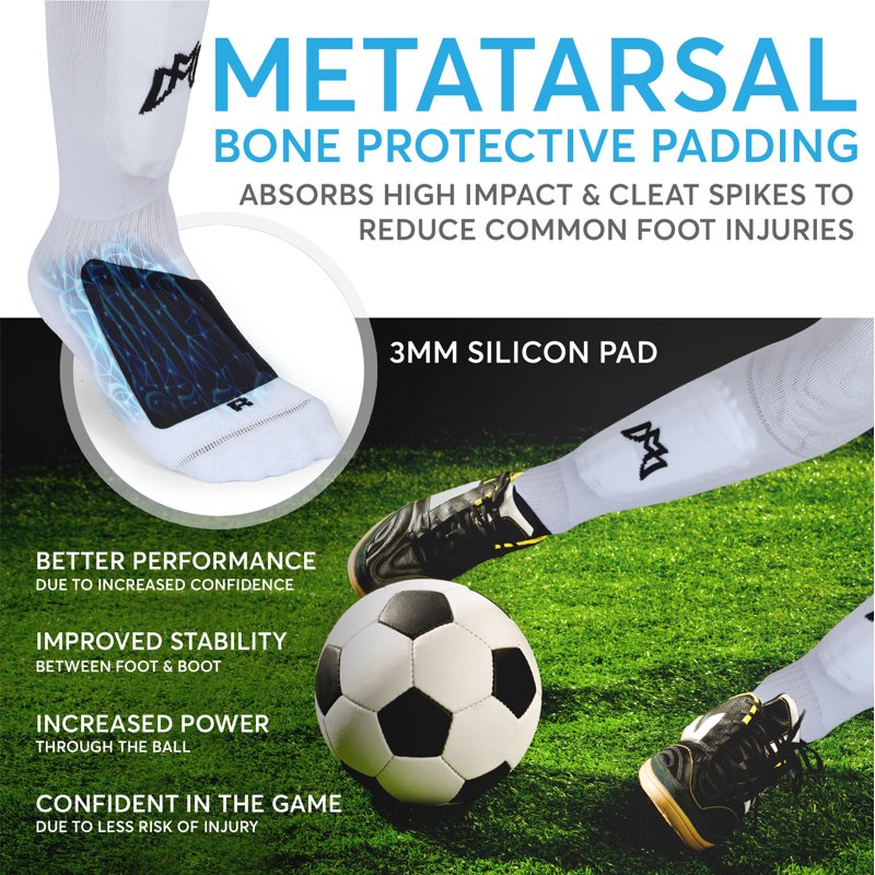 MediCaptain Ultimate Soccer Sock with Built-In Shin Guard, Metatarsal Pad, Anti-Slip Grip (L) - White