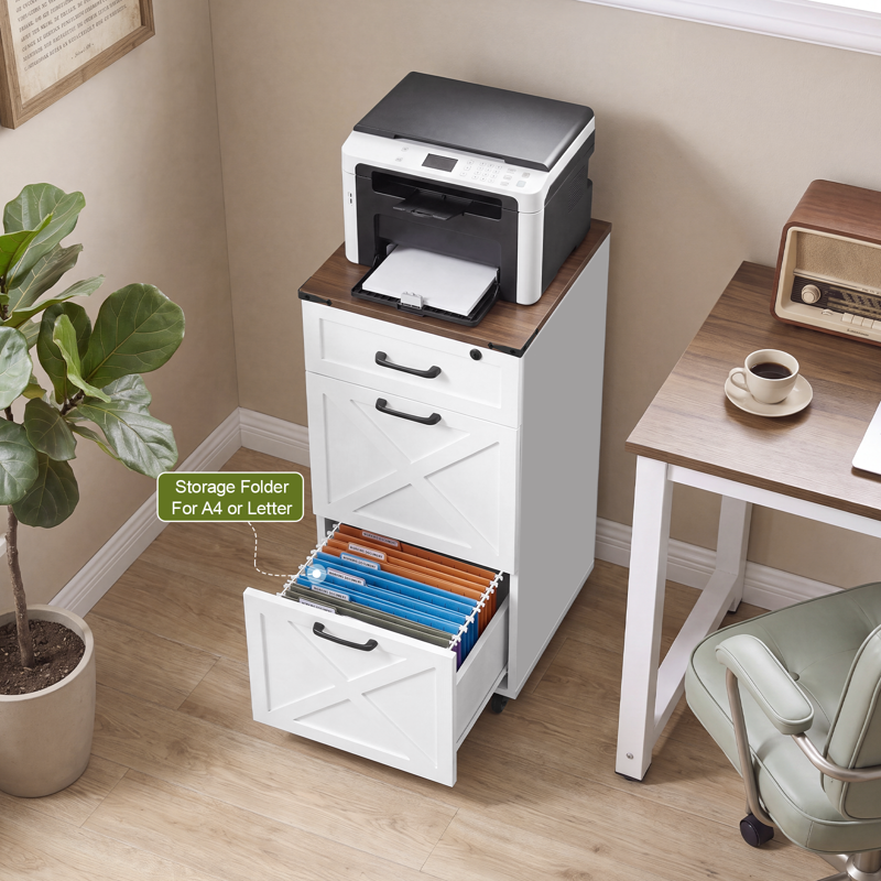 3-Drawer Lockable File Cabinet for Under-Desk Office Storage - Rustic Farmhouse Design