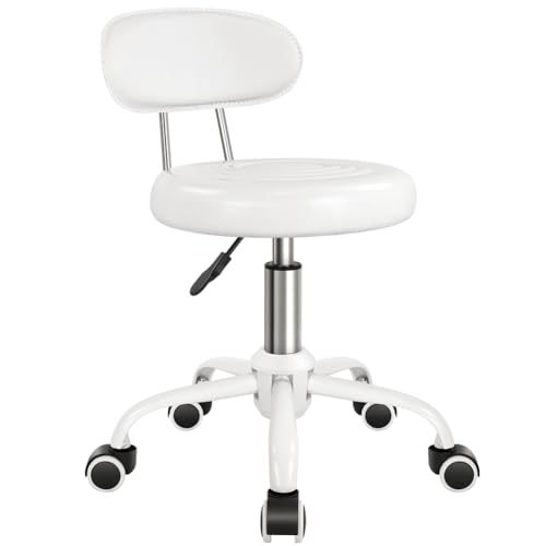 Rolling Stool with Wheels Swivel Stool with Back Height Adjustable Chair PU Leather Rolling Chair Ideal for SPA Salon Home Office Drafting Work (White)