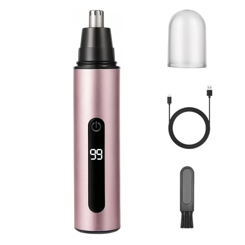 SYAWS Nose Hair Trimmer for Men and Women,USB Rechargeable Eyebrow & Facial Hair Remover with LED Display,Aluminum Alloy Shell with IPX7 Waterproof,Dual Edge Blades for Easy Cleaning (Pink Gold)