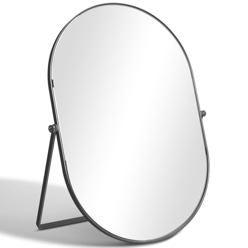 Vanity Desk Table Mirror, Adjustable Rotation Oval Tabletop Standing Makeup Mirror with Metal Framed for Living Room, Bedroom, Bathroom, Dark Grey