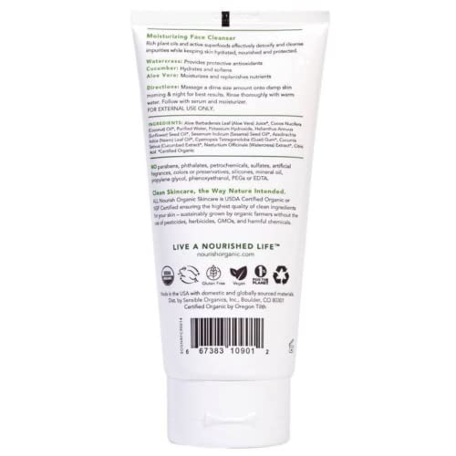 Nourish Organic Moisturizing Face Cleanser for All Skin Types, Watercress + Cucumber Face Wash, Fragrance-Free (6 Oz) + Washable Cotton Round