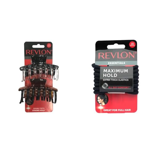 Revlon Strong Hold 2 Count Hair Claw Clips and 15 Count Extra Thick Black Hair Elastics
