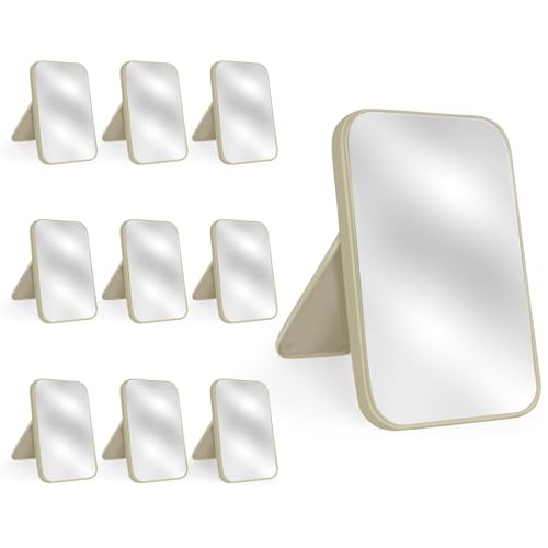 10Pcs Table Desk Vanity Makeup Mirror, 8-Inch Simple Portable Travel Mirror with Stand, Standing and Wall Hanging Dual-use Beige