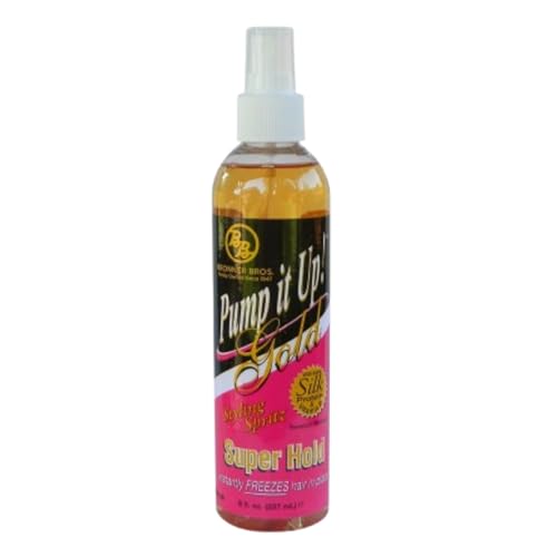 Bronner Bros Pump It Up Styling Spritz Gold 80% ? Fast-Dry Hair Spray Extra Hold with Vitamin B5 & Silk Protein - Maximum Hold Finishing Spritz Hairspray, Adds Shine, Nourishes, No Build-up - 8oz