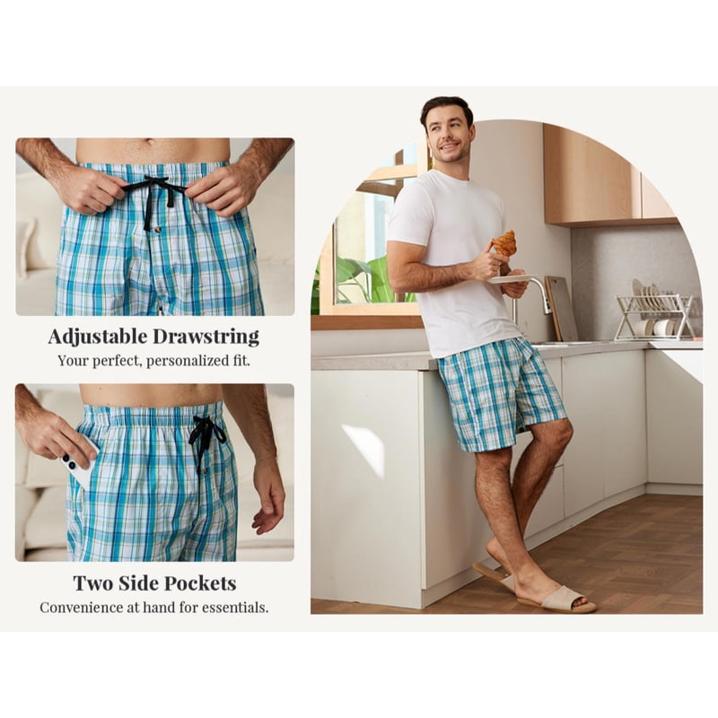 Men's 3-Pack Woven Cotton Pajama Shorts - Lounge Sleepwear, Plaid