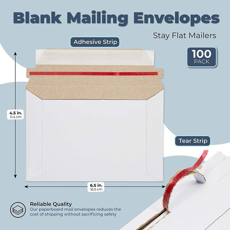 Bulk 100 White Rigid Mailers 6.5 x 4.5 Inches Self-Sealing Envelopes for Shipping Photos & Postcards