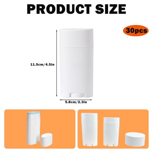 30 Pack 75ml/2.5oz Empty Deodorant Containers Refillable Deodorant Tubes White Oval Twist-Up Lip Balm Tubes for Homemade DIY Lipstick Crayon Lotion Chapstick