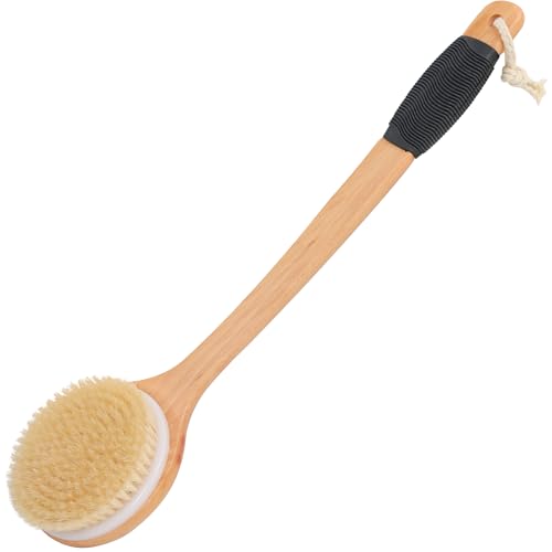 OWIIZI Round Head Back Scrub Brush for Body Shower, Wooden Long Handle Bristles Tub Soaping Bath Brushes, Skin Exfoliator Scrubber Brush for Men Women Elderly Wet or Dry Use