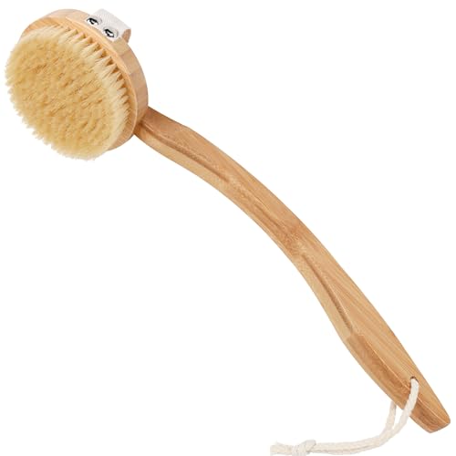OWIIZI Dry Brushing Body Brush for Back, Detachable Round Head Bristle Large Area Body Brushes for Lymphatic Drainage, Bamboo Curved Long Handle Skin Exfoliator For Men Women Elders Dry Use
