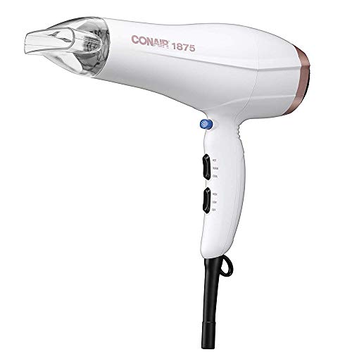 Conair Double Ceramic 1875W Hair Dryer, 3 Heat/ 2 Speed Blow Dryer, Powerful and Fast Drying, Includes Concentrator, Cool Shot Button, Removable Filter, White, Travel hair dryer