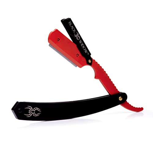 Black Widow Professional Barber Straight Edge Razor ? Stainless Steel Shavette, 1.5 mm Blade Exposure, Matte Black & Red, 10 Double Edge Blades (20 Single-Edge) for Lineups & Beard Shaping