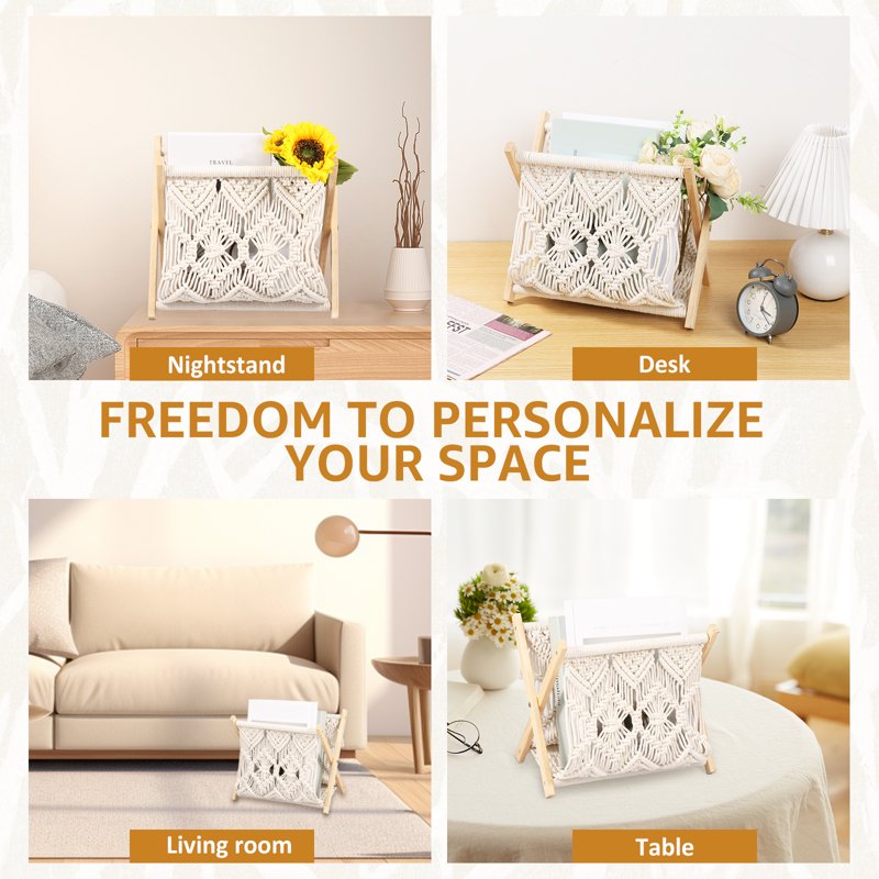 Bohemian Macrame Magazine Rack - Foldable Stand for Living Room Storage