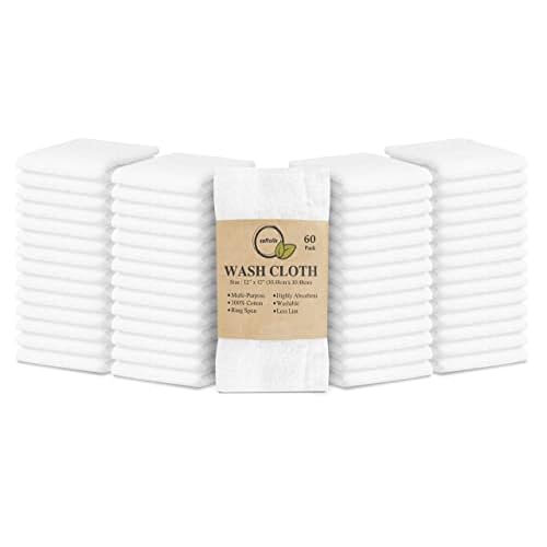 Softolle 100% Cotton Washcloths 60 Pack (12x12 Inches) Soft, Highly Absorbent Washcloth, Face Towels, Wash Cloths for Face, Ring Spun, Bulk Pack (White)