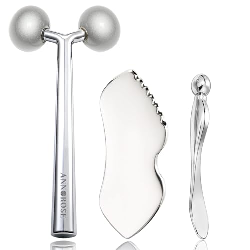3-in-1 Stainless Steel Facial Massage Set, Face Roller, Gua Sha Tool, Eye Cream Applicator, Silver,Gifts for Women and Girl