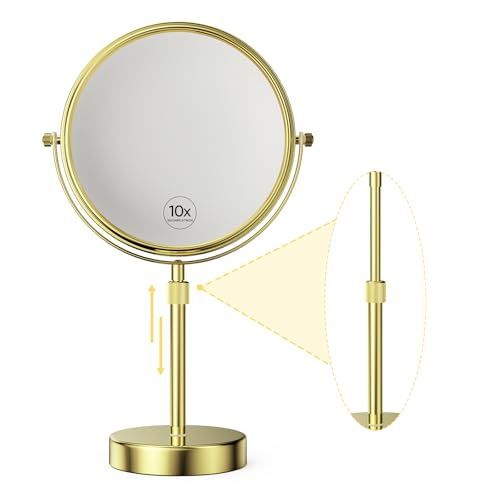 Nicesail Height Adjustable 15~19¡± Tall Table Mirror, 1X 10X Magnifying Mirror Double Sided for Makeup&Shaving, Desk Vanity Mirror Tabletop 360 Rotation of 8¡± Face, Bathroom Shiny Gold Makeup Mirror
