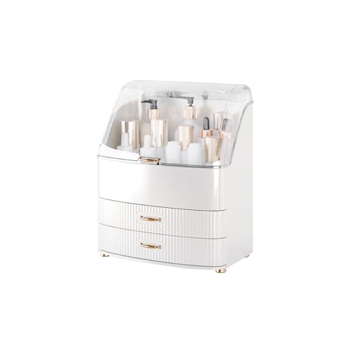 Makeup Organizer Countertop Vanity with Transparent Lid Drawers Waterproof Dustproof Cosmetic Skincare Bathroom Storage Gift for Women Teens Girls (Whtie)
