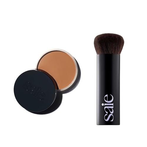 Saie Sun Melt Duo - The Big Brush - Soft, Multi-Use Liquid + Cream Makeup Brush With Synthetic Bristles Bundled With Sun Melt Bronzer in Medium Bronze - Buildable Cream Contour, Velvet Finish (1 oz)