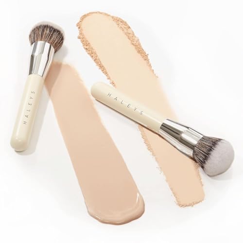 HALEYS 3pc Makeup Tools Set: Kabuki Brush, Powder Brush, Re-mix Sponge, Soft, Streak-free, Perfect Blending, Buff, Blurs, Smooths, For liquid, cream, powder, skincare, Cruelty-free, Sustainable Wood