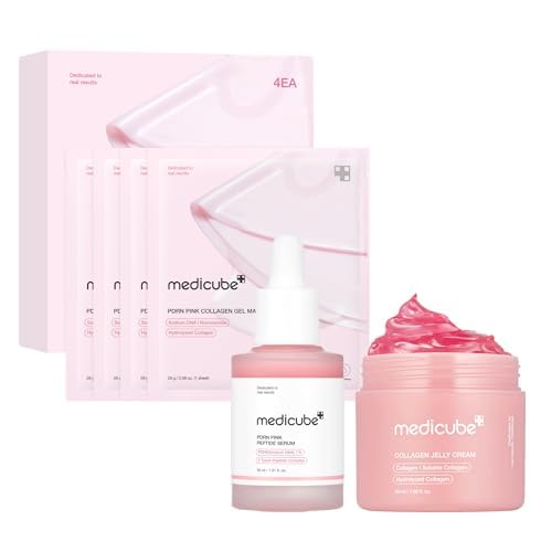 medicube Pink Glass Glow Skin Trio: Salmon DNA PDRN pink collagen jelly gel mask (4ea) and PDRN Peptide Serum, glow serum and Collagen Jelly Cream 50ml