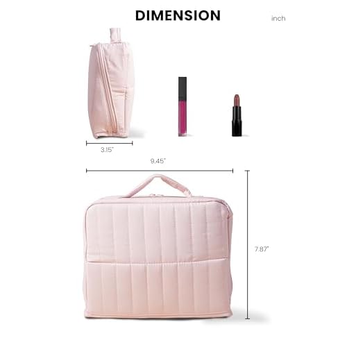 APT 1101 Standing Makeup Bag, Travel Makeup Organizer with Magnetic Fold-Down Design, Portable makeup Case with Compartments for Brushes & Tools (Light Pink)