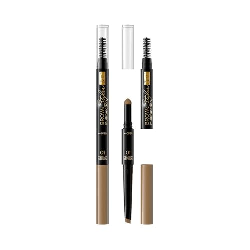 Eveline Cosmetics Brow Styler 3-in-1 Durable Multifunctional Eyebrow Pen | Medium Brown Eyebrow Make Up | Precision Brush | Natural Effect | Powder with Applicator