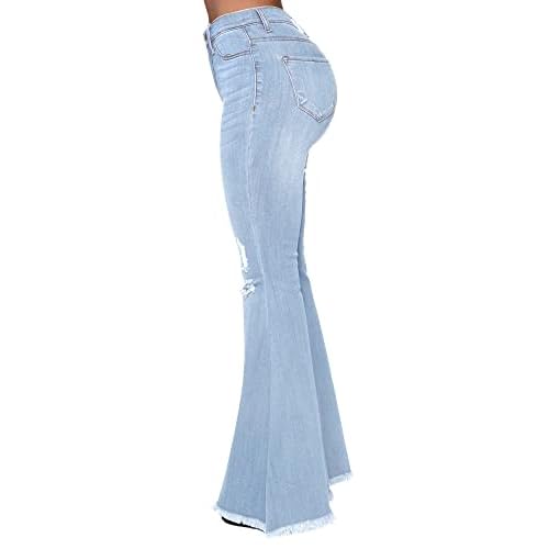 Women's Fashion Bell Bottom Pants High Waist Tassel Stretch Curvy Fit Jeans Blue