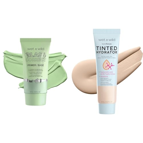 wet n wild Prime Focus Glass Skin Correct Primer Bright Crystal Finish Green 0.91 Fl Oz & Bare Focus Tinted Hydrator Light Medium Oil-Free Moisturizing Makeup