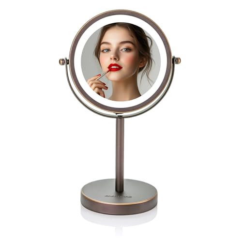 OVENTE 6" Lighted Makeup Mirror with 1X/7X Magnification, Cordless Tabletop Mount Vanity Round Mirror with 360¡Æ Swivel Design and Double Sided Cool Tone LED Ring Light, Antique Bronze MLT60ABZ1X7X