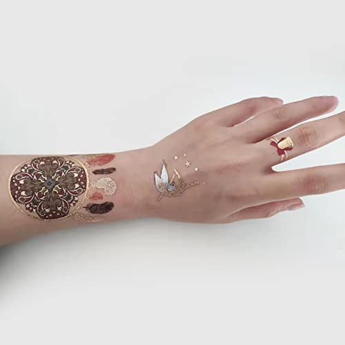 Aresvns Metallic Temporary Tattoo Butterfly, 8 Sheets Gold Silver Fake Tattoo for Women,Flash Jewelry Gold Boho Tattoos Waterproof and Long Lasting Accessories for Summer Night Party,Pool Party