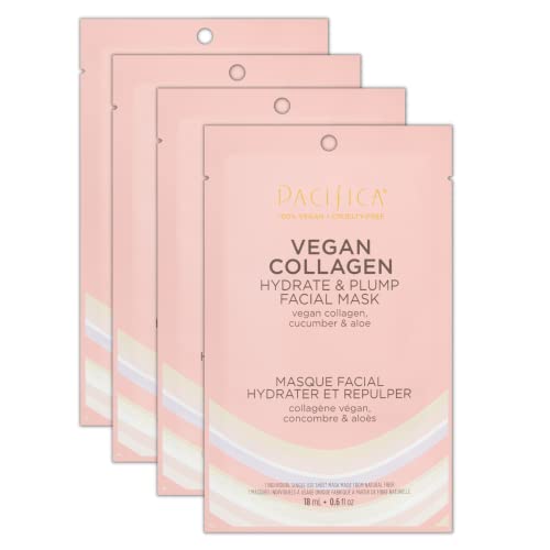 Pacifica Vegan Collagen Hydrate & Plump Face Mask 4-Pack ? Hydrating & Plumping Peptide-Infused Sheet Mask for Dewy Skin, with Vegan Collagen, Cucumber & Aloe, Clean Beauty Skincare?