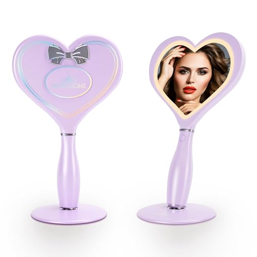 Impressions Vanity Amour LED Handheld Makeup Mirror for Desk, Lighted Travel Makeup Mirror with Detachable Magnetic Ball Standing Base, Ultra Bright Adjustable Lighting, and Heart Shaped (Lilac)