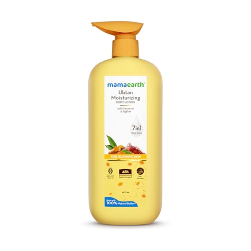 MAMAEARTH Ubtan Moisturizing Body Lotion with Turmeric & Saffron for Glowing Skin 400 ml | 48H Moisturization | Nourishes Dry Skin | 7in1 Total Care | 100% Natural Butter | Non-Greasy Smooth Skin