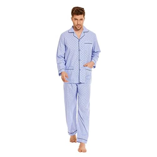 GLOBAL Mens Pajamas Set, 100% Cotton Woven Drawstring Sleepwear Set with Top and Pants/Bottoms