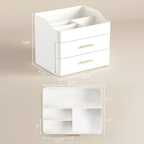 HBlife Makeup Organizer for Vanity with 2 Drawers, Large Bathroom Countertop Cosmetics Organizer Skin Care Storage, Easy to Store Lipsticks, Nail Polishes, Perfumes, Eyeshadow Palettes, All White